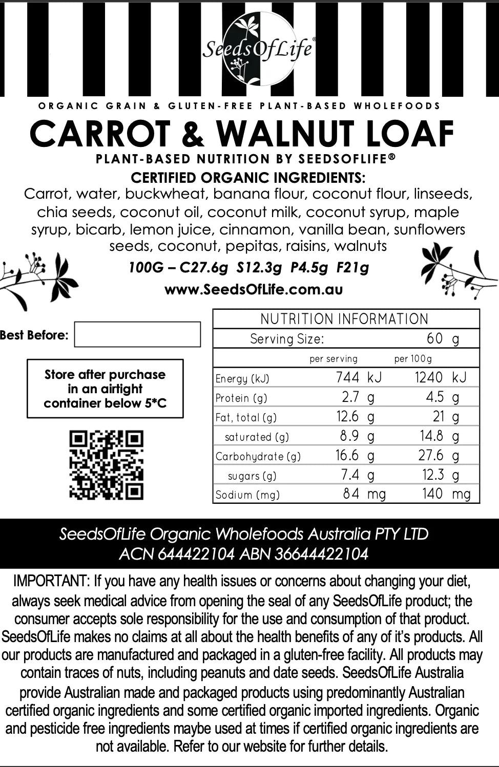 FROZEN CARROT & WALNUT LOAF 1kg